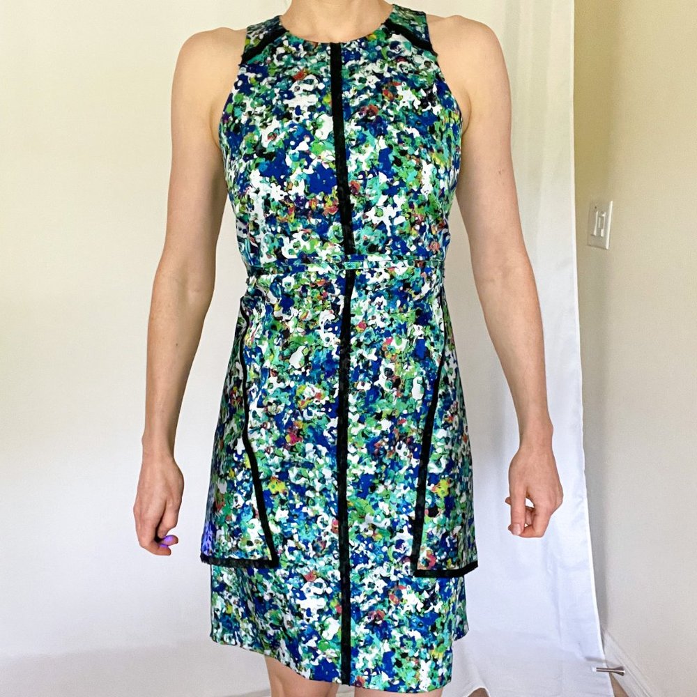 Ann Taylor Floral Sleeveless Midi Sheath Dress with Black Sheer Piping + Belt